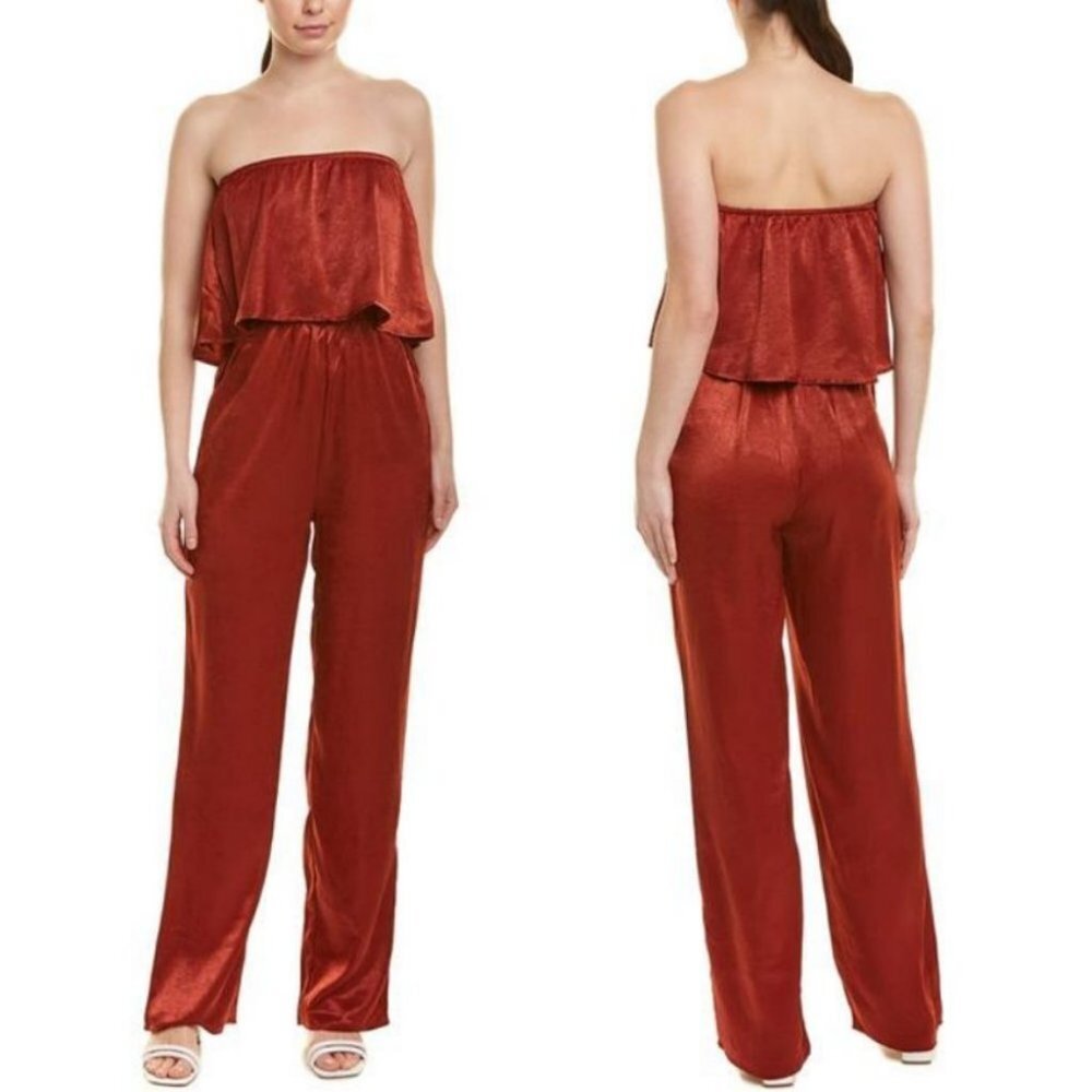 NWT Emory‎ Park Burnt Rust Ruffle Strapless Jumpsuit Satin Red Brown Size Medium